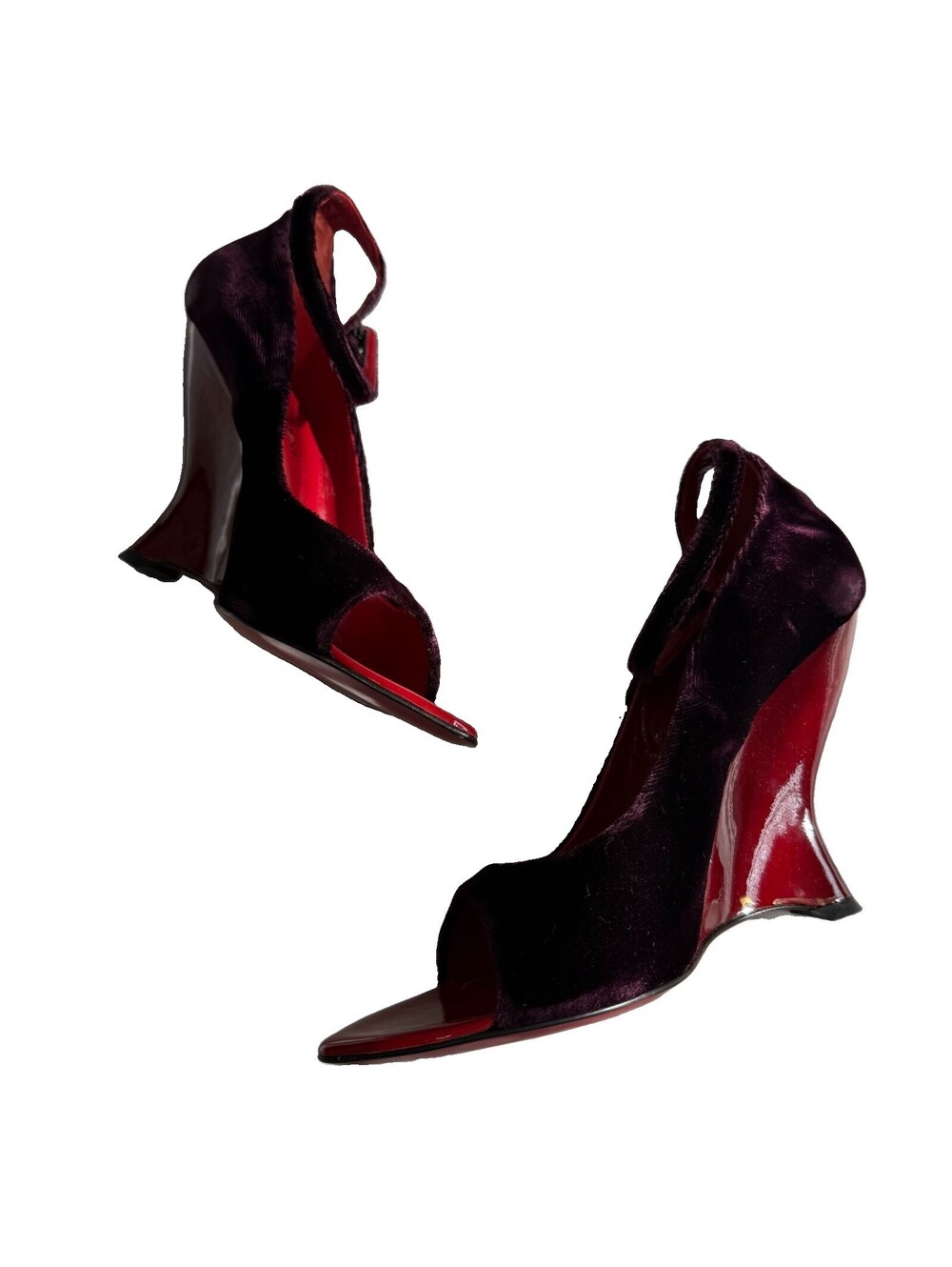 Tom Ford for Yves Saint Laurent F/W 2004 Red Velvet Black Wedge Heels 37.5 - Picture 4 of 9